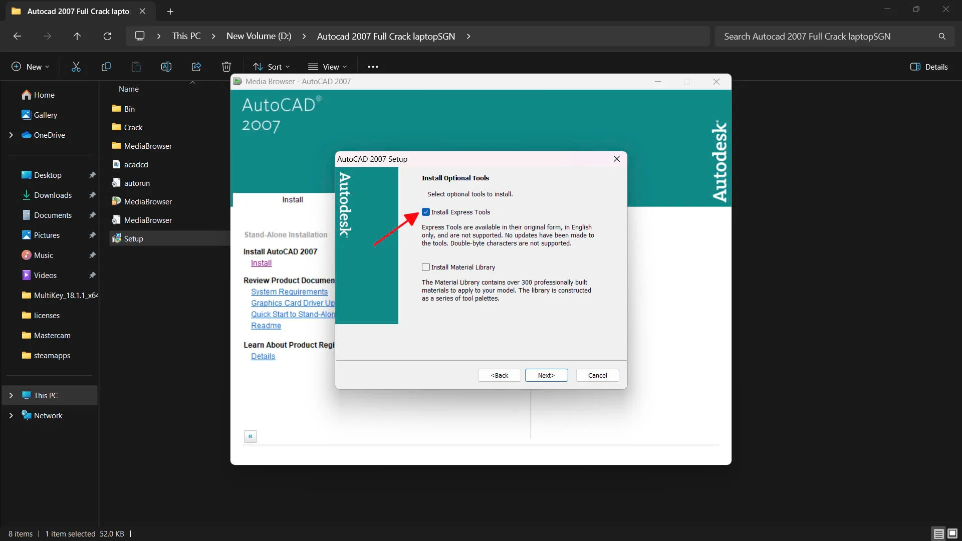 Chọn Install Express Tools để cài đặt bộ công cụ bổ trợ cho AutoCAD 2007