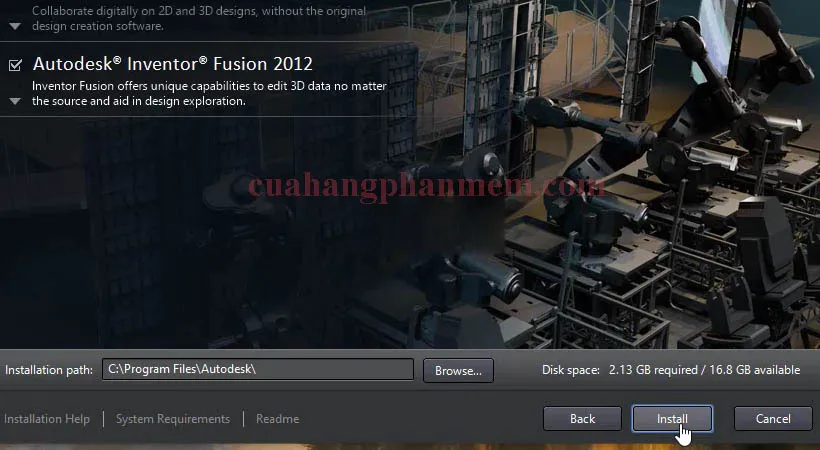 Chọn &quot;Install&quot; một lần nữa để bắt đầu quá trình cài đặt các thành phần của AutoCAD 2012.