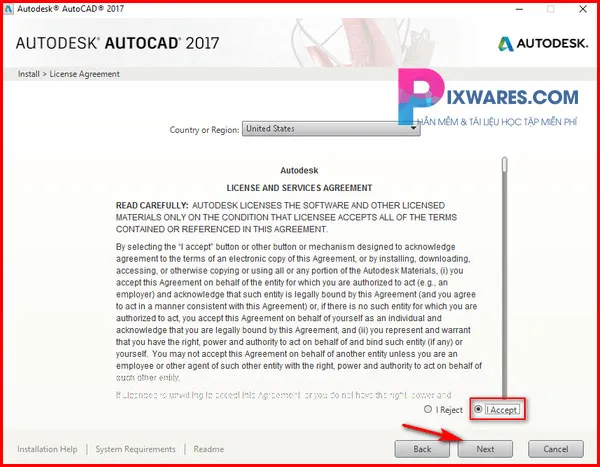 Chọn ngôn ngữ và đồng ý điều khoản khi cài Autocad 2017