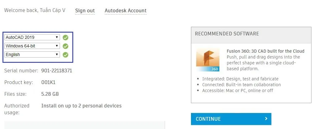 Chọn phiên bản AutoCAD (ví dụ AutoCAD 2017), hệ điều hành và ngôn ngữ trước khi tải về