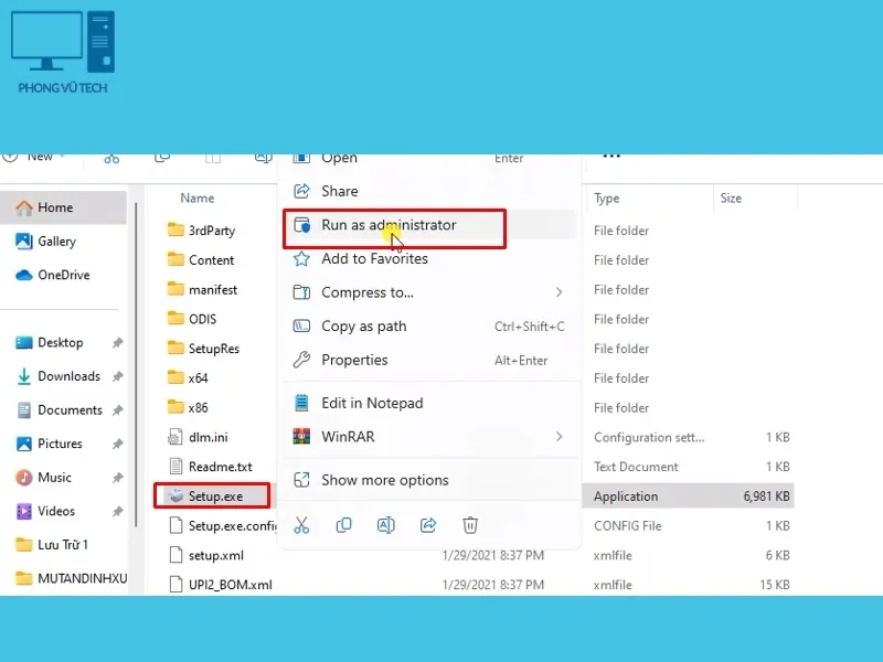 Chọn 'Run as administrator' để chạy file Setup.exe, khởi động quá trình cài đặt AutoCAD 2022