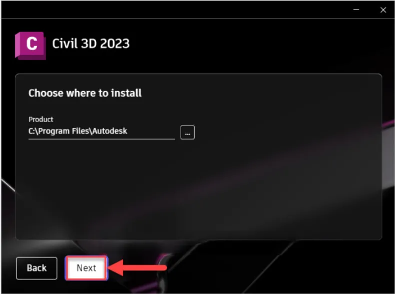 Chọn thư mục cài đặt mặc định cho Civil 3D 2023 trong quá trình thiết lập, sau đó nhấn Next.