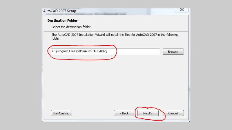 Chọn thư mục lưu trữ cho phần mềm AutoCAD 2007