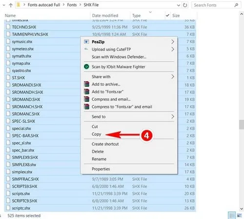 Chọn toàn bộ các file font SHX và sao chép chúng, sẵn sàng để dán vào thư mục Font của AutoCAD 2015.