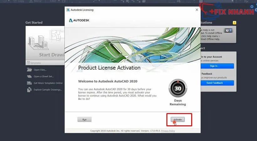 Chọn tùy chọn kích hoạt để nhận quyền sử dụng AutoCAD 2020