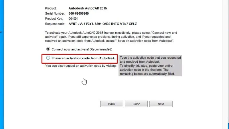 Chọn tùy chọn nhập mã kích hoạt từ Autodesk để hoàn tất cài đặt AutoCAD 2015