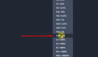 Chọn tỷ lệ 1:100 cho Viewport trong không gian Layout, chuẩn bị ghi kích thước
