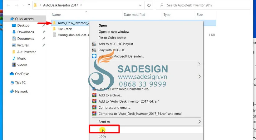Chọn và cắt file cài đặt Inventor 2017 để chuẩn bị di chuyển