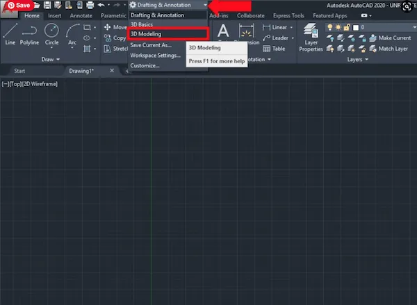 Chuyển đổi không gian làm việc sang chế độ 3D Modeling trong AutoCAD 2020