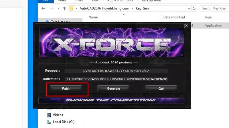 Click 'Patch' trên Keygen để áp dụng bản vá kích hoạt AutoCAD 2016