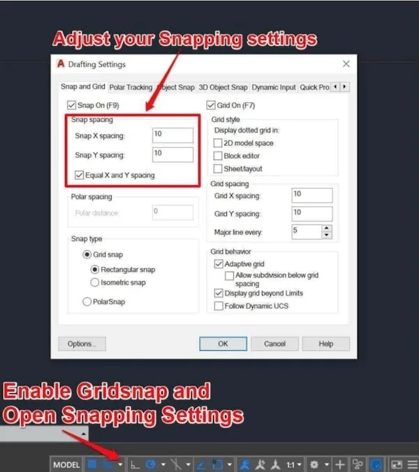 Cửa sổ cài đặt Grid Snap và Object Snap trong AutoCAD 2020, giúp kiểm soát độ chính xác khi phác thảo 2D.