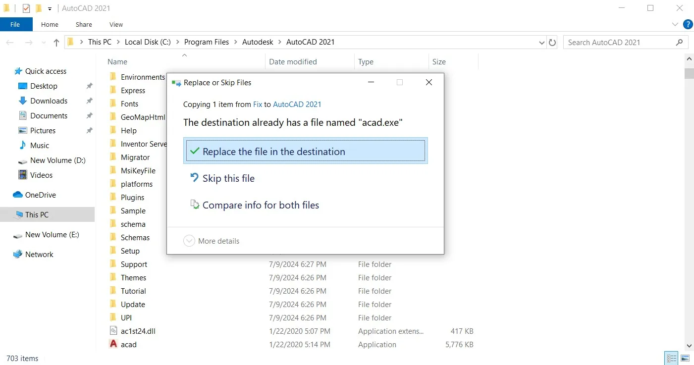 Cửa sổ cảnh báo khi dán tệp crack vào thư mục AutoCAD 2021, chọn &quot;Replace the file in the destination&quot; để ghi đè tệp gốc và hoàn tất quá trình crack.