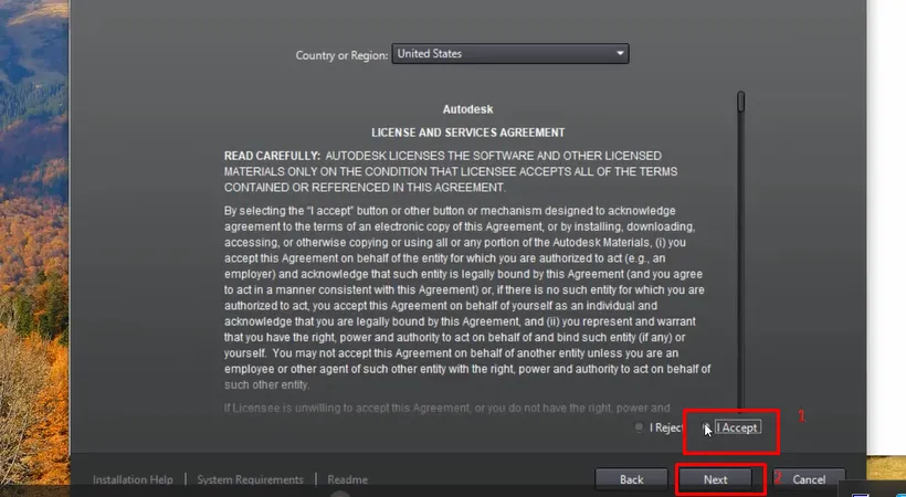 Cửa sổ chấp nhận điều khoản sử dụng AutoCAD 2014, chọn I accept