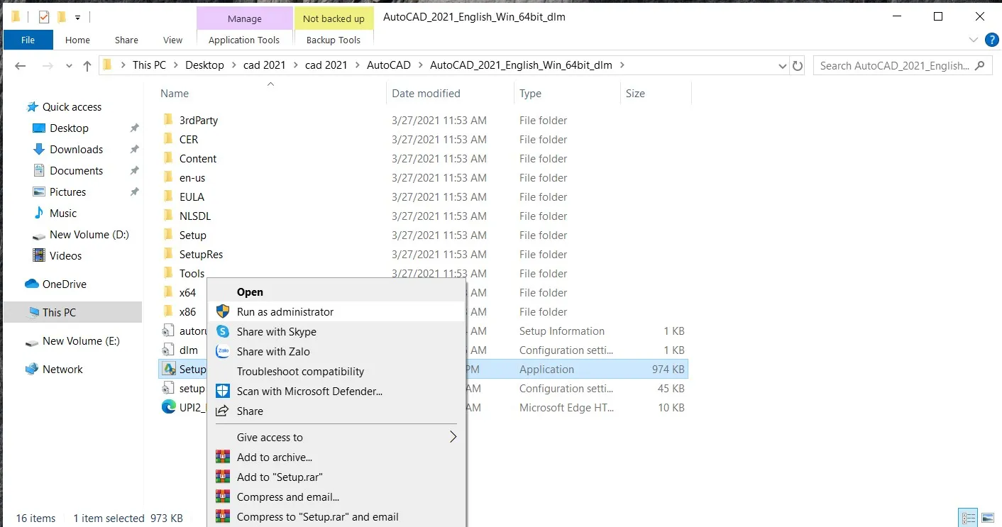 Cửa sổ giải nén và khởi chạy file cài đặt AutoCAD 2021 bằng quyền Admin