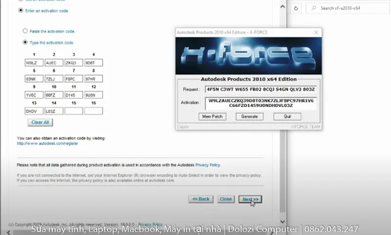 Cửa sổ kích hoạt AutoCAD 2010, nhập mã kích hoạt để hoàn tất quá trình crack vĩnh viễn