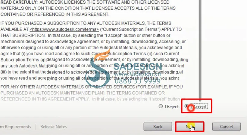 Cửa sổ &quot;License Agreement&quot; yêu cầu người dùng chấp nhận các điều khoản bằng cách chọn &quot;I Accept&quot; và nhấn &quot;Next&quot; để tiến hành cài đặt Inventor 2020.