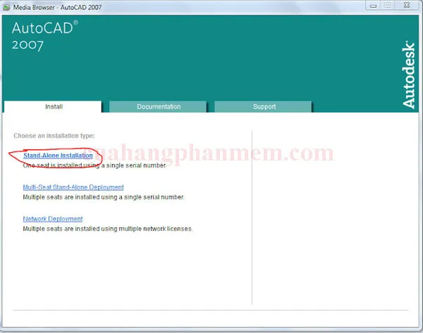 Cửa sổ lựa chọn loại hình cài đặt AutoCAD 2007, với tùy chọn Stand-Alone Installation được highlight