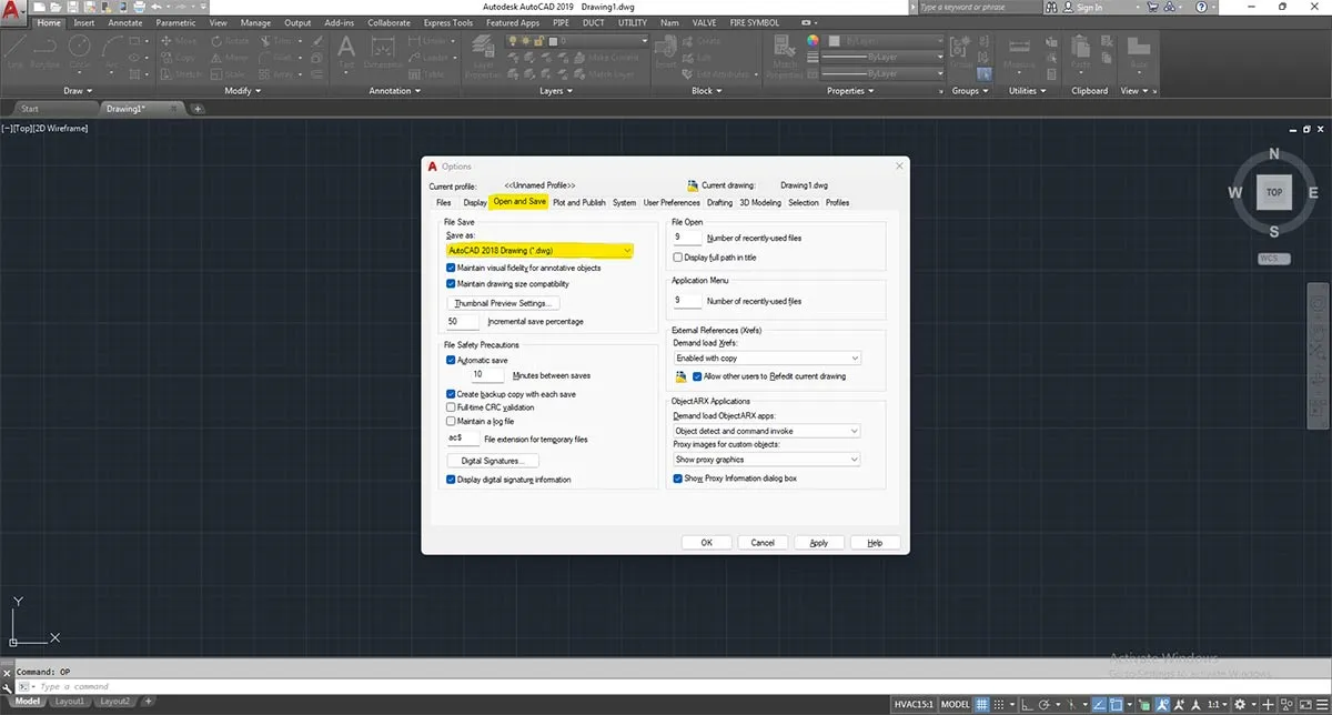 Cửa sổ Options - Tab Open and Save trong AutoCAD, hướng dẫn cài đặt chế độ lưu file và mở bản vẽ, quan trọng khi thực hành cách vẽ Autocad cơ bản.