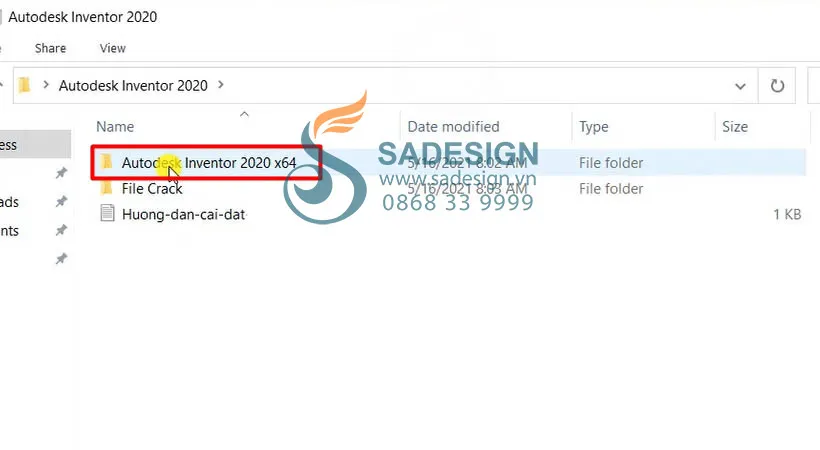 Cửa sổ thư mục chứa các file cài đặt của Inventor 2020 sau khi giải nén, người dùng cần mở để tiếp tục.