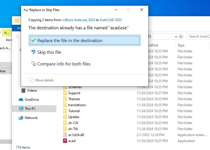 Cửa sổ xác nhận ghi đè tệp tin kích hoạt vào thư mục cài đặt AutoCAD 2023.