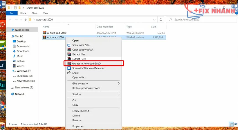 Cửa sổ xác nhận giải nén tệp cài đặt AutoCAD 2020
