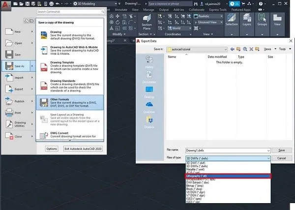 Cửa sổ xuất file trong AutoCAD 2020, cho phép người dùng lưu mô hình 3D dưới định dạng tệp .stl.