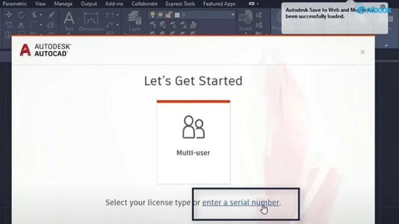 Cửa sổ yêu cầu bản quyền AutoCAD, hướng dẫn người dùng chọn &quot;Nhập số seri&quot; để tiến hành kích hoạt phần mềm