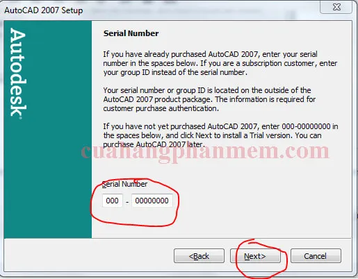 Cửa sổ yêu cầu nhập Serial Number để cài đặt AutoCAD 2007, với số serial mặc định 000-00000000