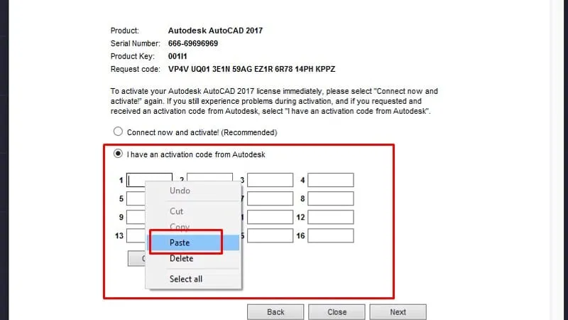 Dán Activation Code đã sao chép vào ô số 1 để hoàn tất kích hoạt AutoCAD 2017