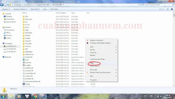 Dán các tệp tin crack đã sao chép vào thư mục gốc của AutoCAD 2007 để hoàn tất kích hoạt bản quyền