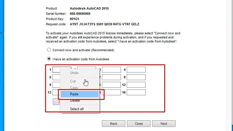 Dán mã Activation code vào ô số 1 trên giao diện kích hoạt AutoCAD 2015