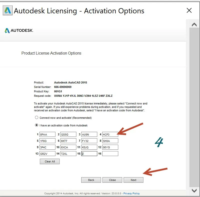 Dán mã kích hoạt (Activation code) từ X-Force Keygen vào giao diện kích hoạt AutoCAD 2015.
