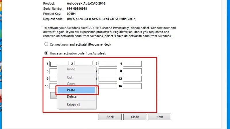 Dán mã kích hoạt đã sao chép vào các ô trống trên màn hình kích hoạt của AutoCAD 2016