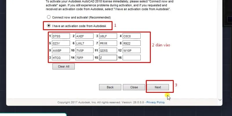 Dán mã kích hoạt đã sao chép vào các ô trống và hoàn tất quá trình kích hoạt AutoCAD 2018