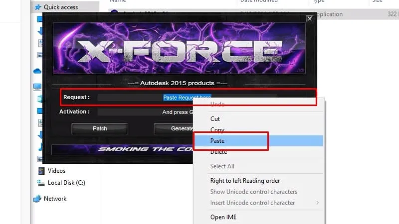 Dán mã Request code vào ô yêu cầu trong Keygen để kích hoạt AutoCAD 2015