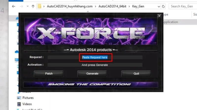 Dán mã yêu cầu Request code vào ô tương ứng trong công cụ Keygen để tạo mã kích hoạt AutoCAD 2014