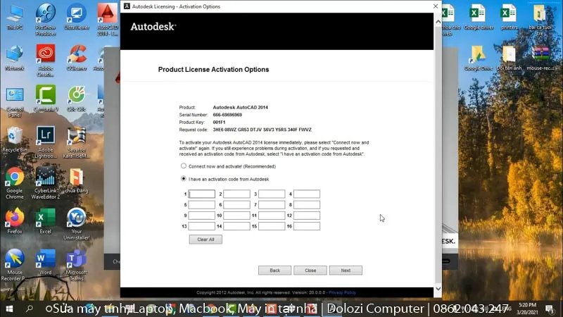 Dán mã yêu cầu vào Keygen và nhấn Generate để tạo mã kích hoạt Autocad 2014