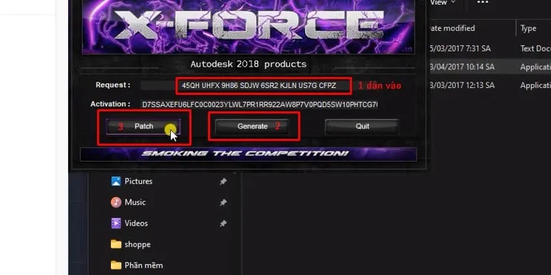 Dán mã yêu cầu vào ô 'Request' trên keygen và nhấn 'Generate' để tạo mã kích hoạt