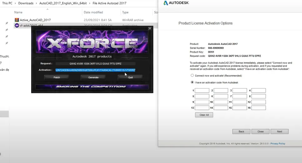 Dán mã yêu cầu vào X-Force keygen, nhấn Patch và Generate để tạo mã kích hoạt AutoCAD 2017 vĩnh viễn