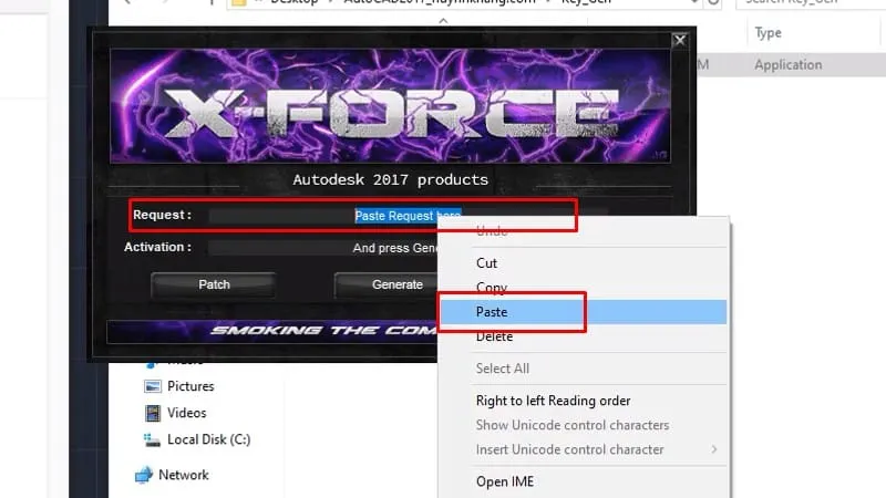 Dán Request code đã sao chép vào ô Request trong công cụ Key_Gen để kích hoạt AutoCAD 2017