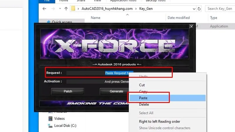 Dán Request code vào trường Request trong keygen AutoCAD 2016