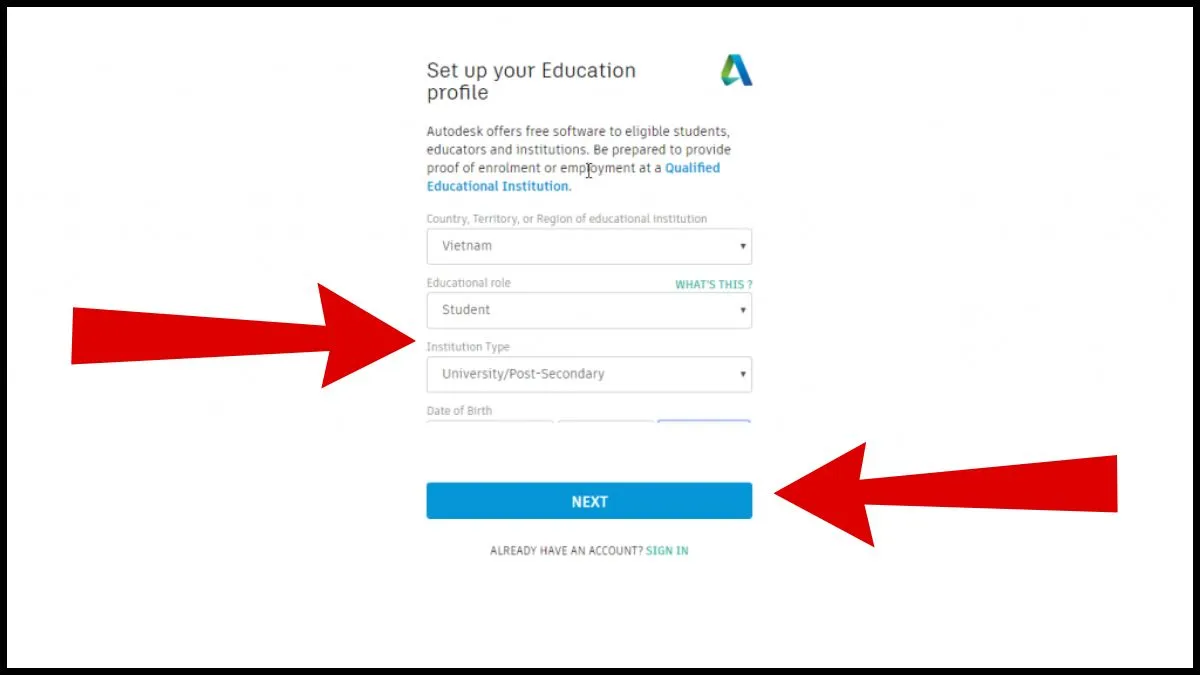 Đăng nhập và cập nhật thông tin học tập sau khi đăng ký thành công Autodesk Student để truy cập AutoCAD