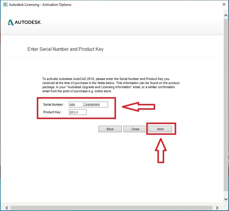 Điền Serial Number và Product Key chính xác vào các ô trống để kích hoạt giấy phép cho AutoCAD 2018