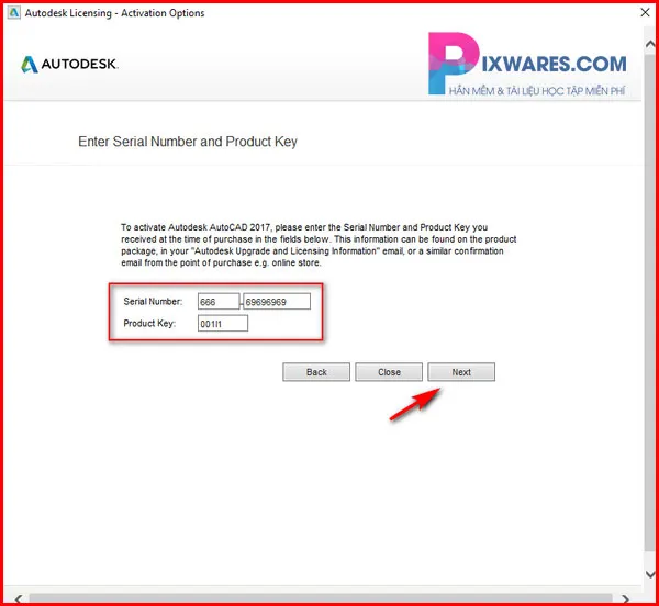 Điền Serial Number và Product Key để kích hoạt Autocad 2017