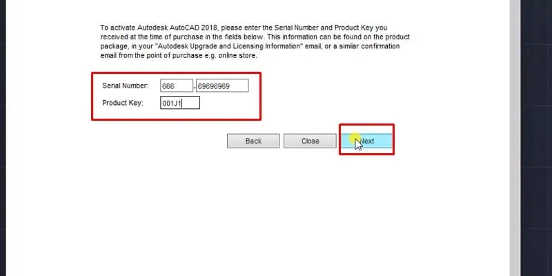Điền Serial Number và Product Key vào các trường tương ứng, sau đó nhấn 'Next'