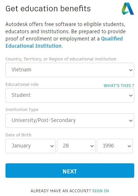 Điền thông tin cá nhân cơ bản khi đăng ký tài khoản Autodesk sinh viên để tải AutoCAD