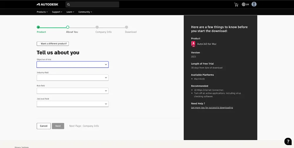 Điền thông tin cá nhân và mục đích sử dụng để tải AutoCAD trên MacBook