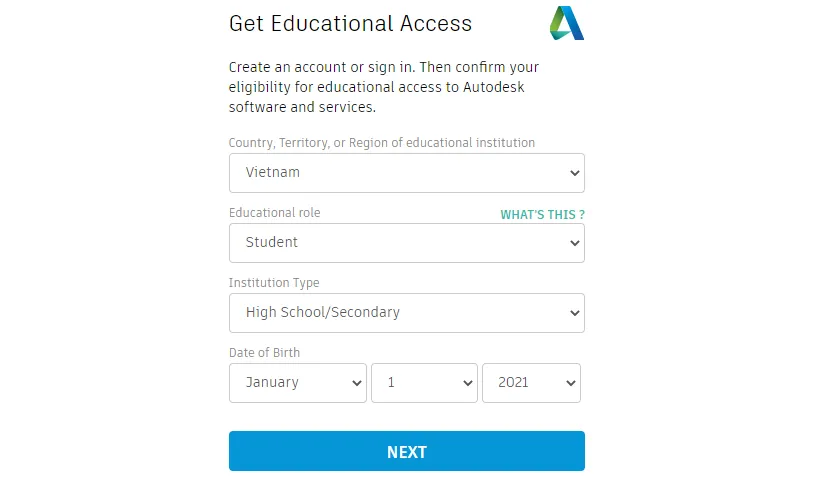 Điền thông tin quốc gia (Vietnam), vai trò giáo dục (Student) và ngày sinh để đăng ký tài khoản tải AutoCAD 2017