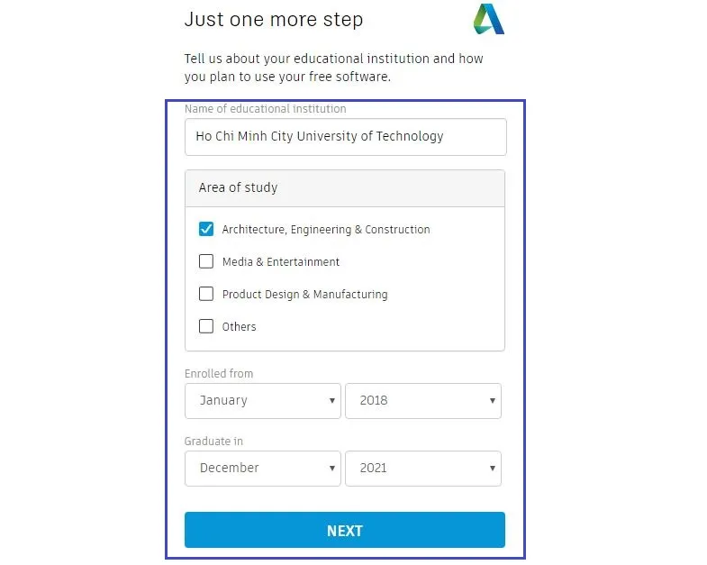 Điền thông tin về trường học, ngành học và thời gian học để hoàn tất hồ sơ sinh viên khi tải AutoCAD 2017