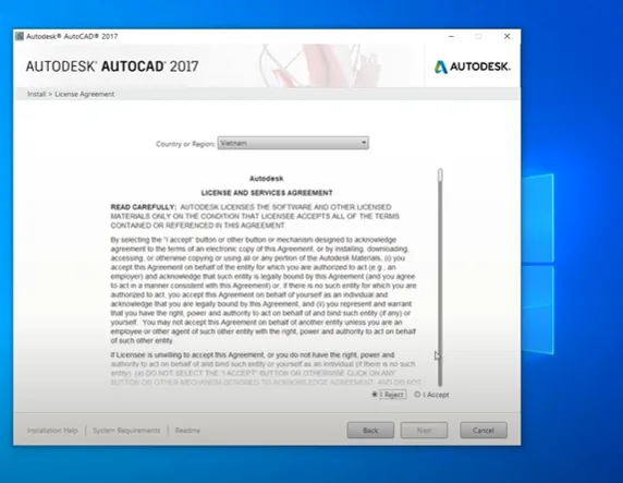 Đồng ý các điều khoản sử dụng của Autodesk và nhấn Next trong quá trình cài đặt AutoCAD 2017